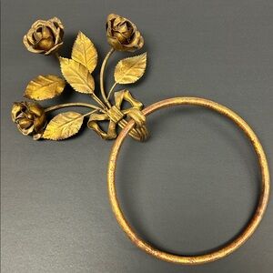 Vintage Italian gilt tole metal Florentine towel ring with handcrafted roses